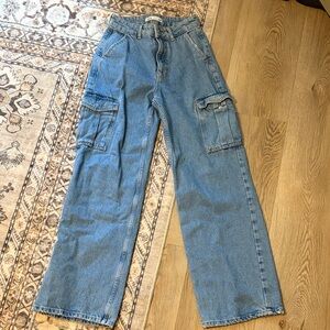 Zara Wide Leg Cargo Denim Jeans in Light Blue